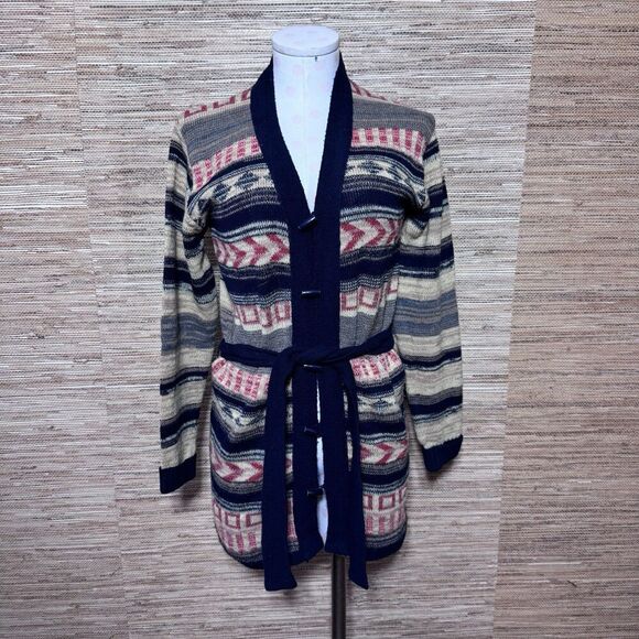 Unbranded Sweaters - Vintage 1970s Aztec Style Acrylic Collageman Belted Cardigan Western Boho Size S